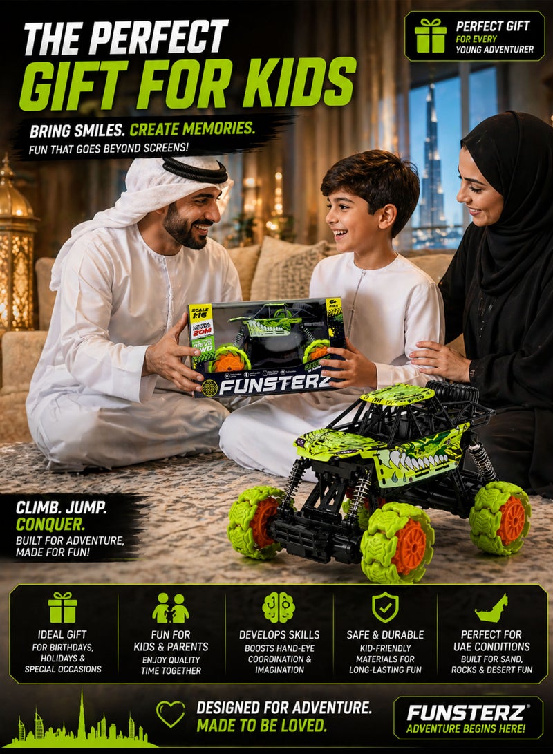 Funsterz 1:16 Scale RC Off Road Stunt Car 4WD All Terrain Remote Control Climbing Jeep for Kids with Transforming Wheels 360° Rotation Light Effects Shock Absorber Suspension 2.4GHz Wireless Controller 20M Control Range Rechargeable 7.4V 500mAh Battery USB Charging High Speed Rock Crawler Monster Truck Toy for Boys Girls Indoor Outdoor Play - Image 5