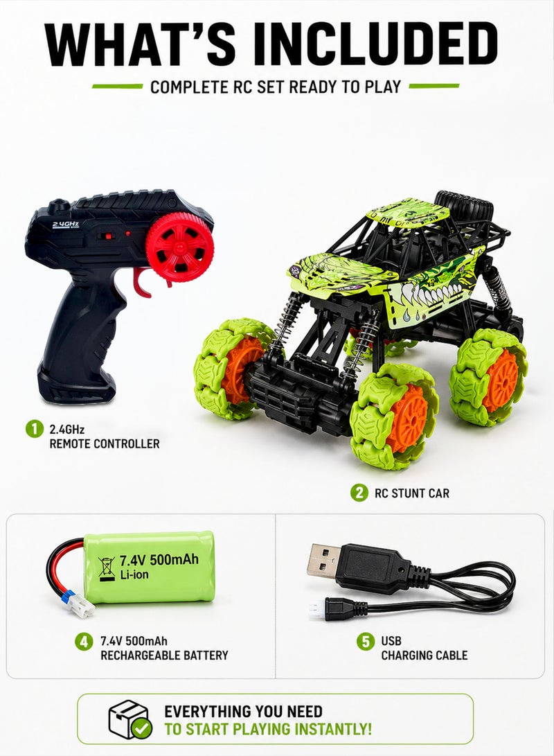 Funsterz 1:16 Scale RC Off Road Stunt Car 4WD All Terrain Remote Control Climbing Jeep for Kids with Transforming Wheels 360° Rotation Light Effects Shock Absorber Suspension 2.4GHz Wireless Controller 20M Control Range Rechargeable 7.4V 500mAh Battery USB Charging High Speed Rock Crawler Monster Truck Toy for Boys Girls Indoor Outdoor Play - Image 3