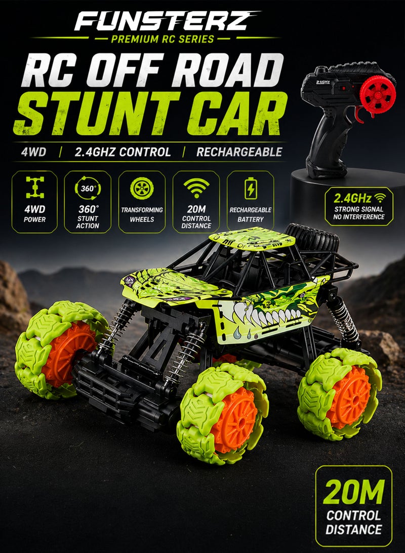 Funsterz 1:16 Scale RC Off Road Stunt Car 4WD All Terrain Remote Control Climbing Jeep for Kids with Transforming Wheels 360° Rotation Light Effects Shock Absorber Suspension 2.4GHz Wireless Controller 20M Control Range Rechargeable 7.4V 500mAh Battery USB Charging High Speed Rock Crawler Monster Truck Toy for Boys Girls Indoor Outdoor Play - Image 1