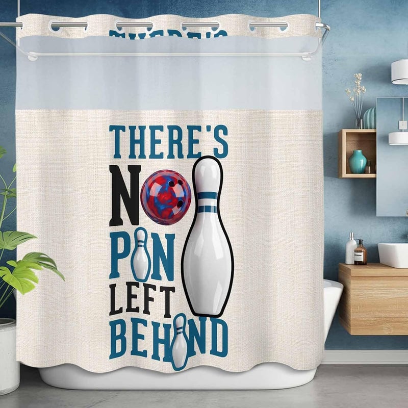 No Hook Shower Curtain and Liner Set, Blue Brown Bowling Snap in Shower Curtain Set, Modern Minimalist Funny Words Balls Waterproof Fabric Bathroom Curtain with See Through Top Window 72"x72" - Image 5