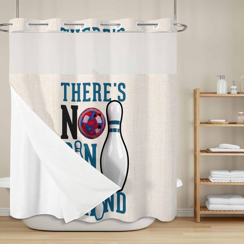 No Hook Shower Curtain and Liner Set, Blue Brown Bowling Snap in Shower Curtain Set, Modern Minimalist Funny Words Balls Waterproof Fabric Bathroom Curtain with See Through Top Window 72"x72" - Image 2