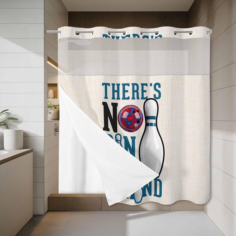 No Hook Shower Curtain and Liner Set, Blue Brown Bowling Snap in Shower Curtain Set, Modern Minimalist Funny Words Balls Waterproof Fabric Bathroom Curtain with See Through Top Window 72"x72" - Image 3