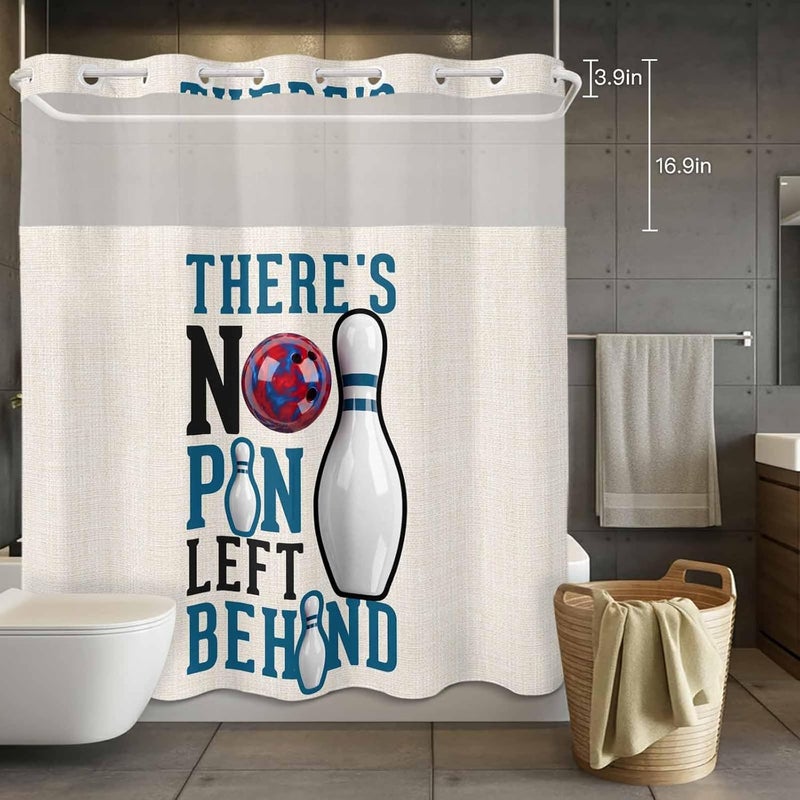 No Hook Shower Curtain and Liner Set, Blue Brown Bowling Snap in Shower Curtain Set, Modern Minimalist Funny Words Balls Waterproof Fabric Bathroom Curtain with See Through Top Window 72"x72" - Image 4