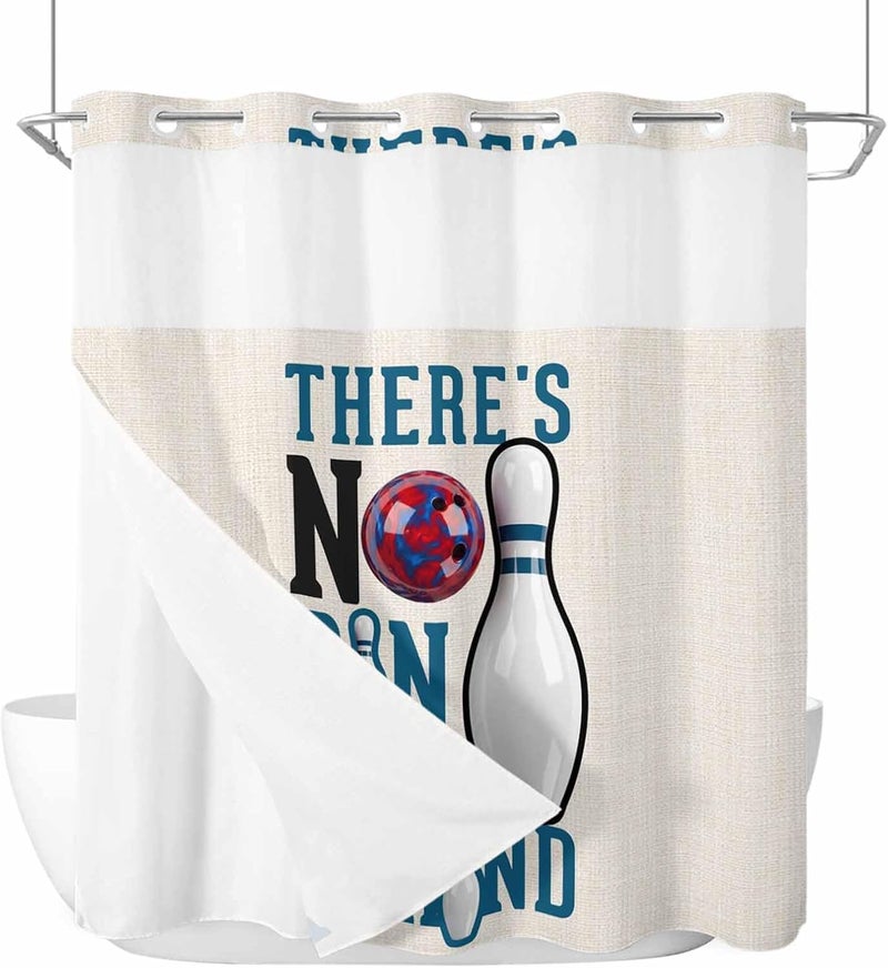 No Hook Shower Curtain and Liner Set, Blue Brown Bowling Snap in Shower Curtain Set, Modern Minimalist Funny Words Balls Waterproof Fabric Bathroom Curtain with See Through Top Window 72"x72" - Image 1