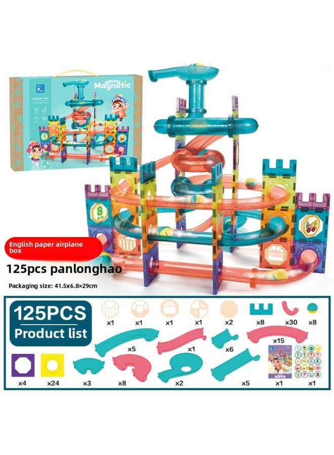Magnetic Whale Magnetic Pieces Track Building Blocks Light Ball Pipe Magnetic Building Blocks Assembled Educational Children's Magnetic Toys-Color:[125PCS] Panlong (English Paper Wai Flying Machine Box) 1595g  - Image 1