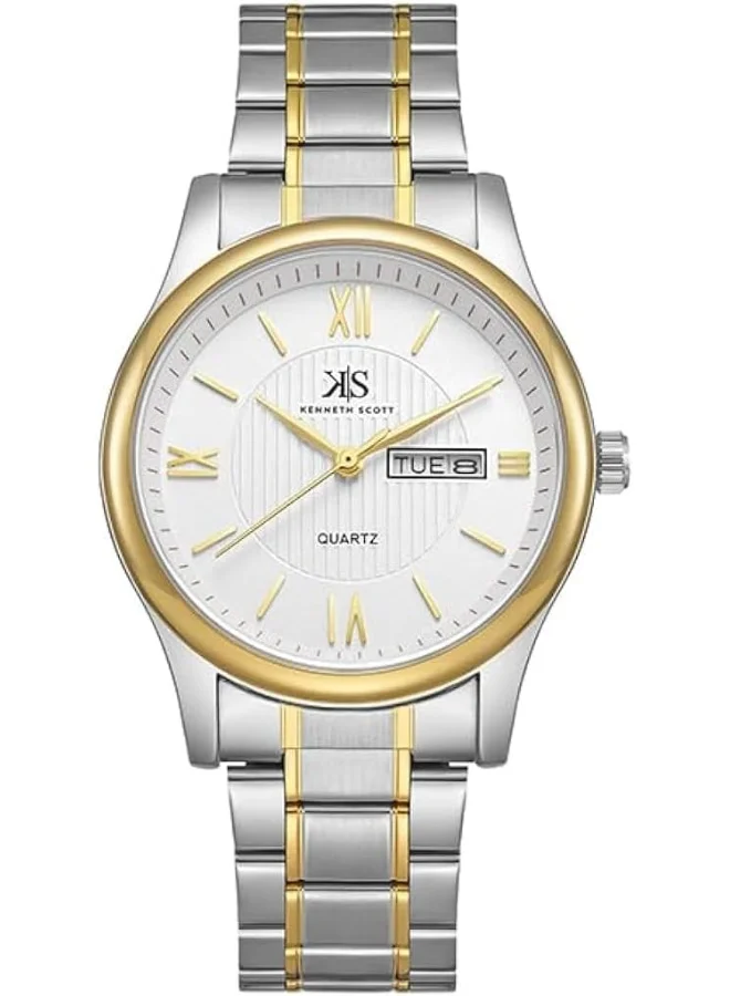 كينيث سكوت Kenneth Scott Men's Japanese Quartz Movement Watch, Analog Display and Bracelet Strap - K23029-TBTW, TT/Gld