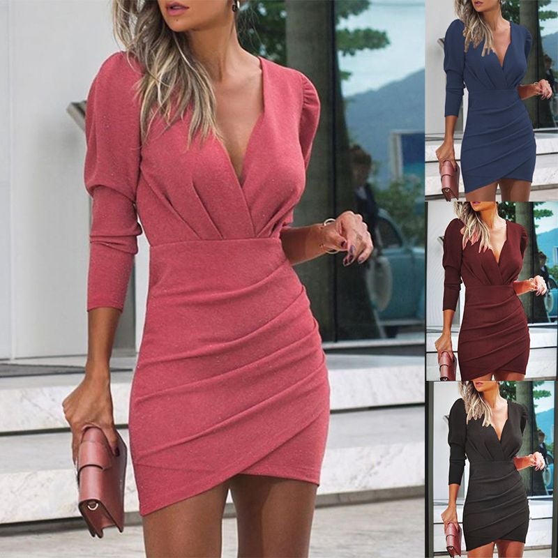 2020 European and American cross-border popular models waist and thin solid color V-neck long-sleeved tight skirt ethnic style nightclub dress women black L - Image 2