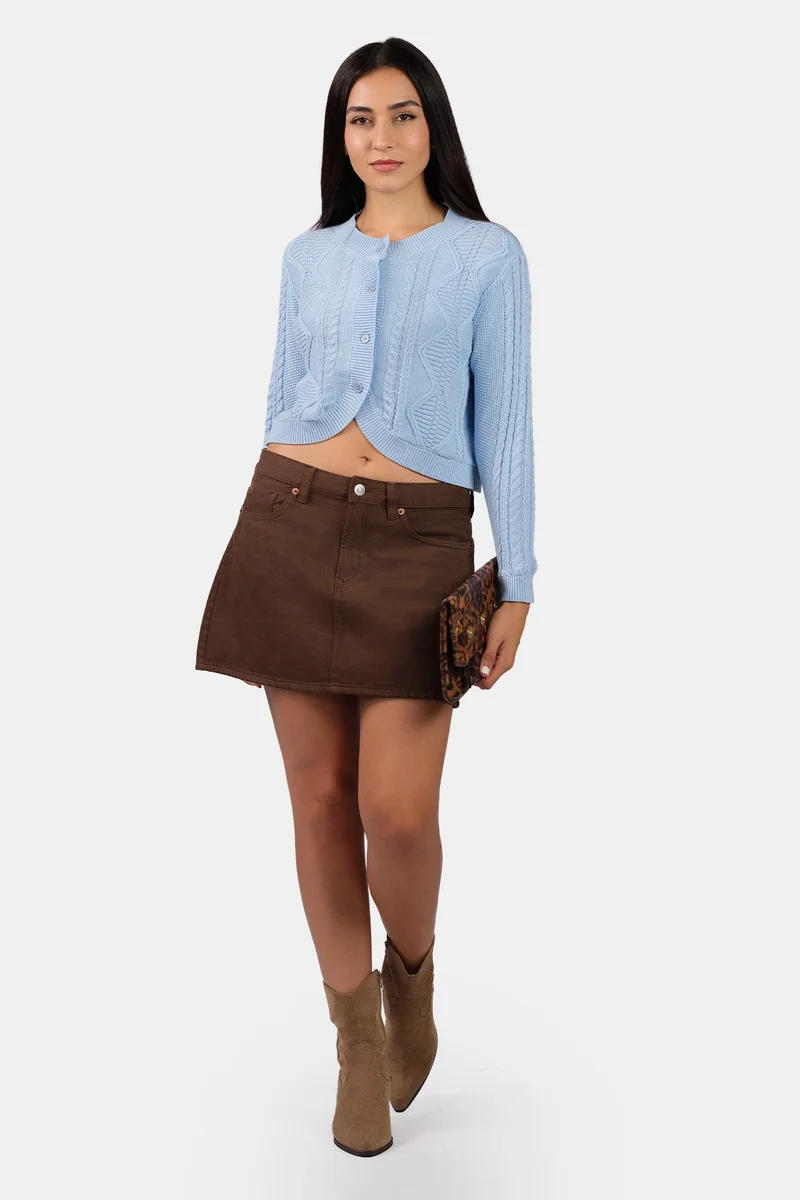 فيرجيو Self Design Cotton Curved Hem Knitted Crop Cardigan for Women