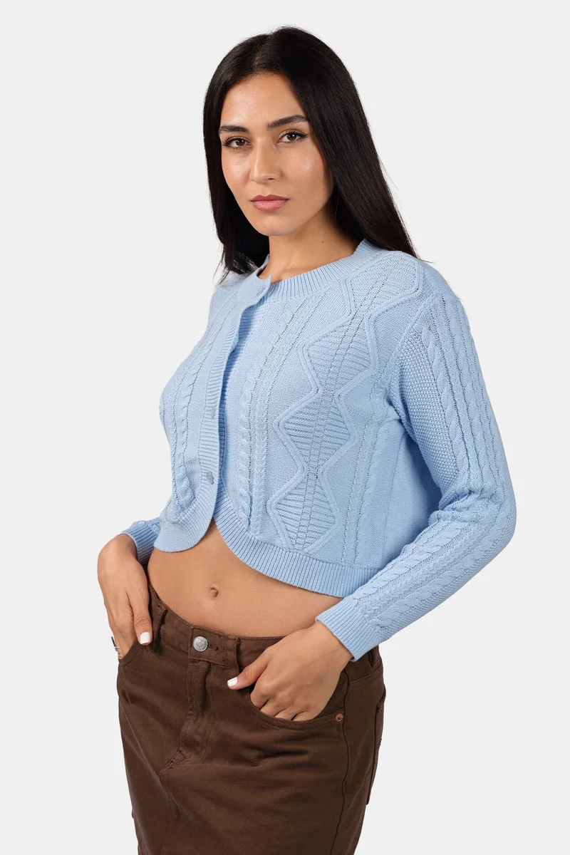 فيرجيو Self Design Cotton Curved Hem Knitted Crop Cardigan for Women