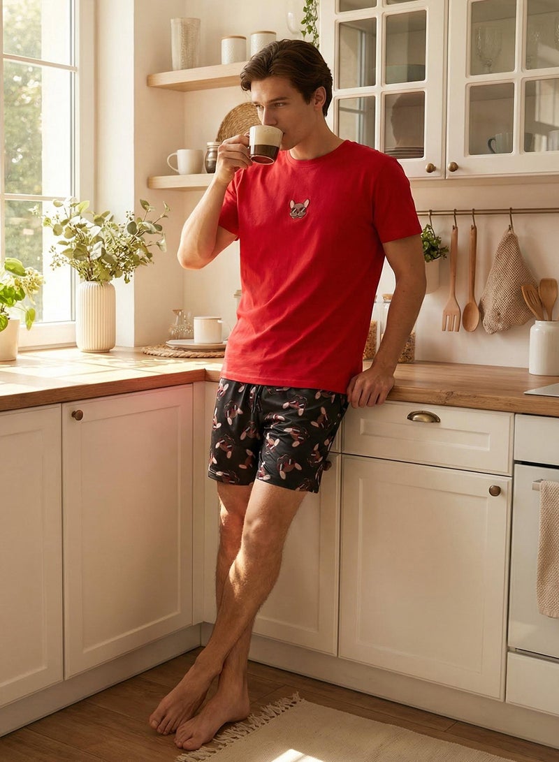 trendyol Red Regular Fit Printed Knitted Pajama Set with Shorts Tmnss25Pt00020 - Image 1