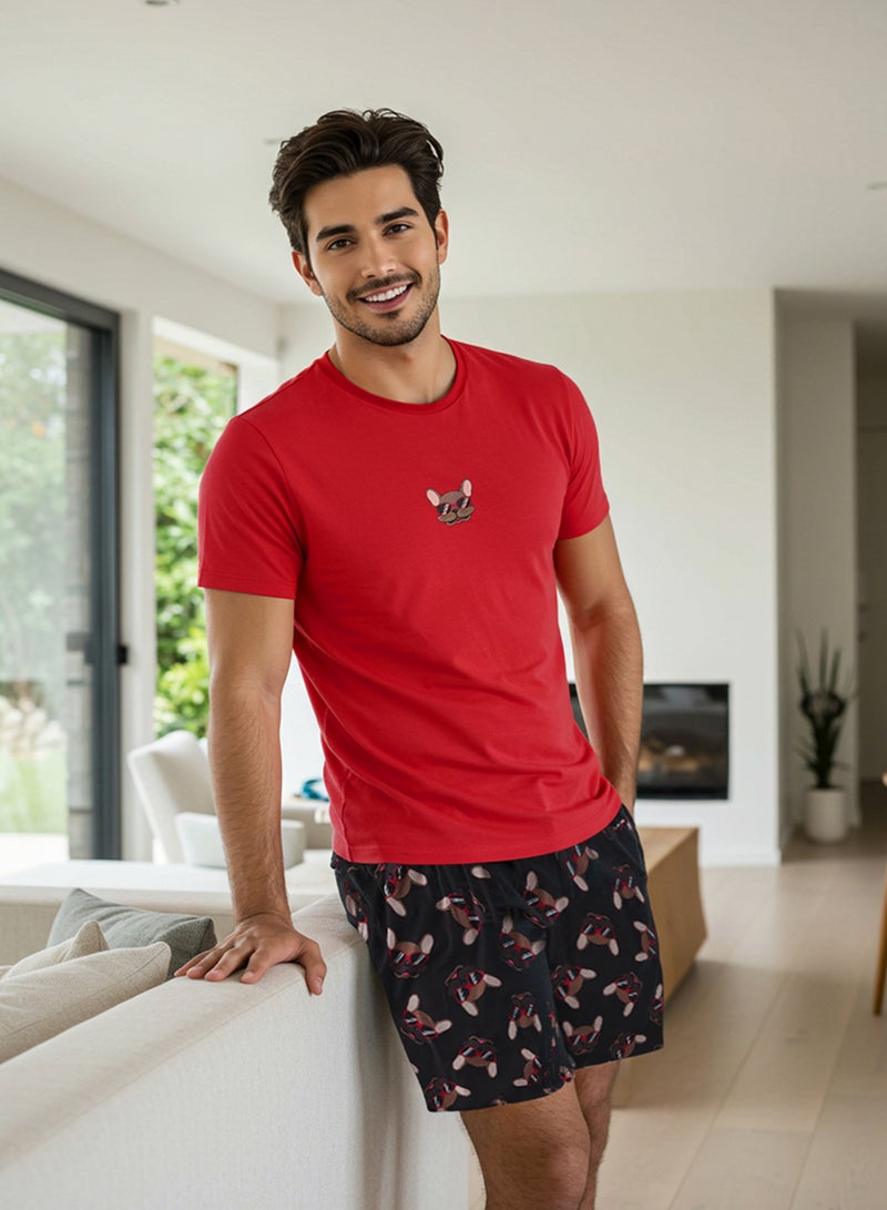 trendyol Red Regular Fit Printed Knitted Pajama Set with Shorts Tmnss25Pt00020 - Image 2
