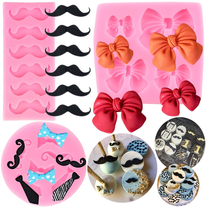 ZiXiang Little Man Themed Cupcake Decoration Mold Mini Mustache Silicone Mold Tie Mold Bow Fondant Mold For Birthday Cake Decorating Candy Polymer Clay Chocolate Gum Paste Set Of 3