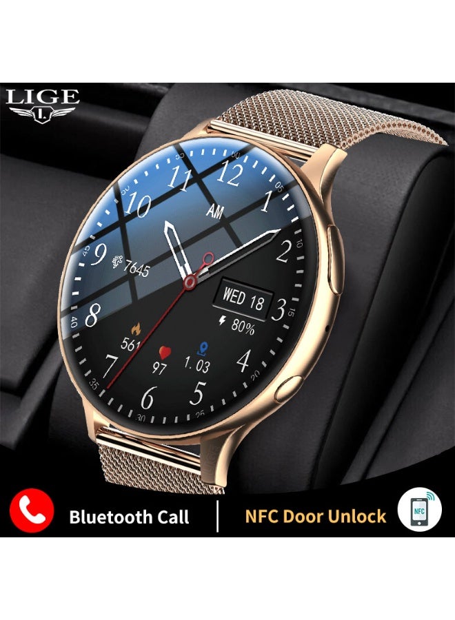 LIGE New Smart Watch For Women 1.28" AMOLED Screen Sports Bluetooth Calling IP67 Waterproof Mesh Rose Gold & Silicone Pink Strap - Image 3