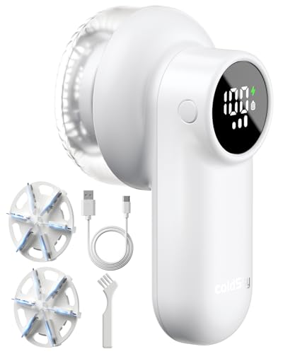 coldSky Rechargeable Fabric Shaver, Lint Shaver with Digital Display, Sweater Shaver with 6-Leaf Blades and Safety Lock, 3-Speeds Defuzzer Remove Fuzz, Pills from Clothes, Furniture, Sofa, White - Image 1