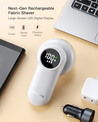 coldSky Rechargeable Fabric Shaver, Lint Shaver with Digital Display, Sweater Shaver with 6-Leaf Blades and Safety Lock, 3-Speeds Defuzzer Remove Fuzz, Pills from Clothes, Furniture, Sofa, White - Image 3