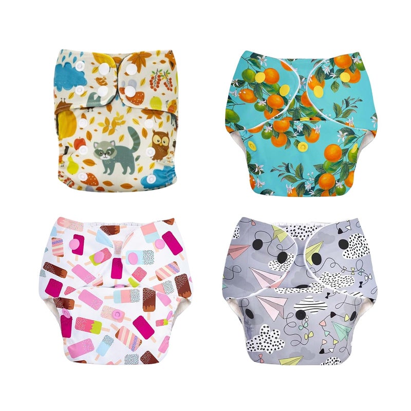 MOMSARC Assorted Pack of 4, Washable Cotton Diaper for New Born, 4 Cloth Diapers + 4 Insert Pads, Freesize Adjustable and Reusable Cloth Diaper for babies 0-3 Year, Multicolor Cloth Nappy for Newborn - Image 1