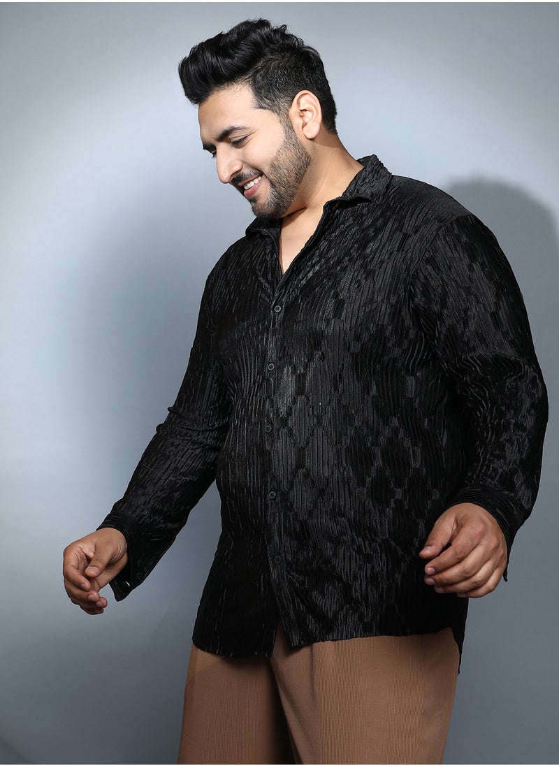 Instafab Plus Instafab Plus Men's Onyx Black Shard-Pleated Shirt For Casual Wear | Spread Collar | Long Cuffed Sleeves | Button Closure | Plus Size Shirt Crafted With Comfort Fit For Everyday Wear  - Image 3