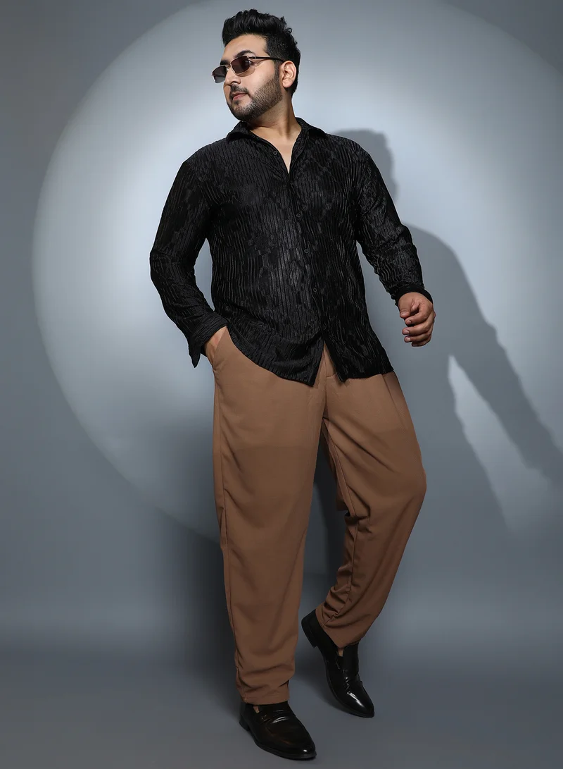 Instafab Plus Instafab Plus Men's Onyx Black Shard-Pleated Shirt For Casual Wear | Spread Collar | Long Cuffed Sleeves | Button Closure | Plus Size Shirt Crafted With Comfort Fit For Everyday Wear