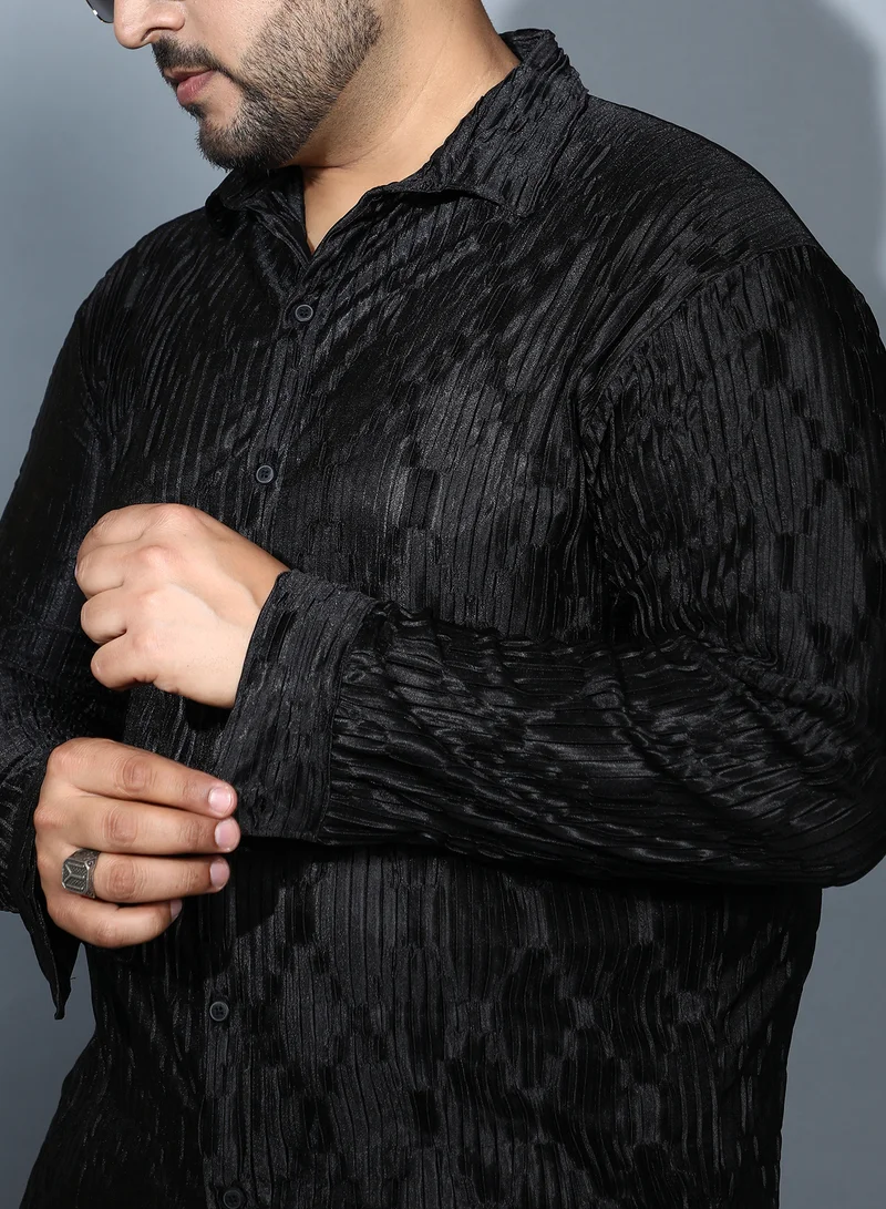 Instafab Plus Instafab Plus Men's Onyx Black Shard-Pleated Shirt For Casual Wear | Spread Collar | Long Cuffed Sleeves | Button Closure | Plus Size Shirt Crafted With Comfort Fit For Everyday Wear