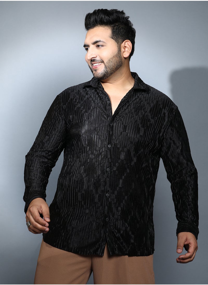 Instafab Plus Instafab Plus Men's Onyx Black Shard-Pleated Shirt For Casual Wear | Spread Collar | Long Cuffed Sleeves | Button Closure | Plus Size Shirt Crafted With Comfort Fit For Everyday Wear  - Image 2