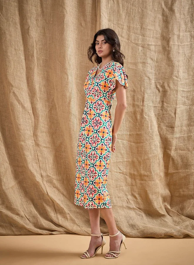 SASSAFRAS Geometric Print Sheath Midi Dress for Women