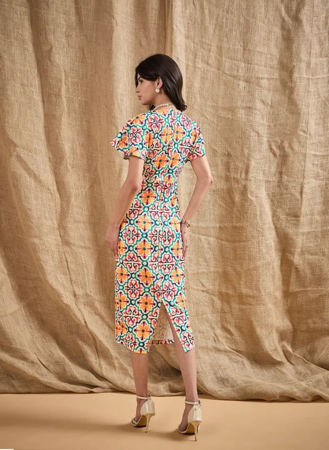 SASSAFRAS Geometric Print Sheath Midi Dress for Women