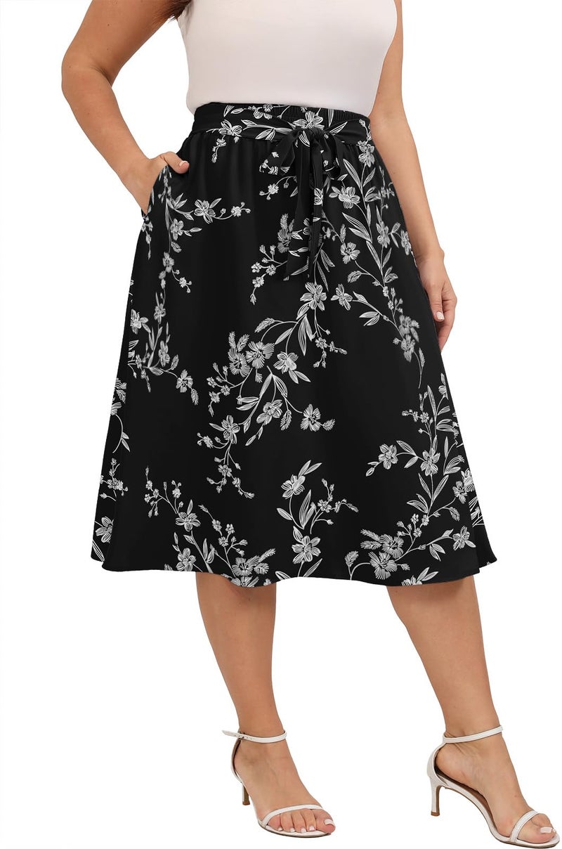 Xpenyo Womens Skirts 2024 Summer High Waisted Casual Work Plus Size Swing Skirts with Pockets,Black Flower,3XL - Image 4