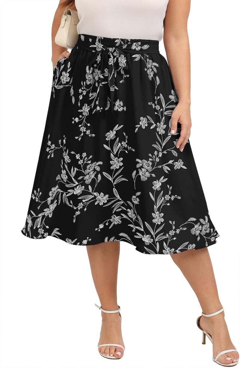 Xpenyo Womens Skirts 2024 Summer High Waisted Casual Work Plus Size Swing Skirts with Pockets,Black Flower,3XL - Image 5