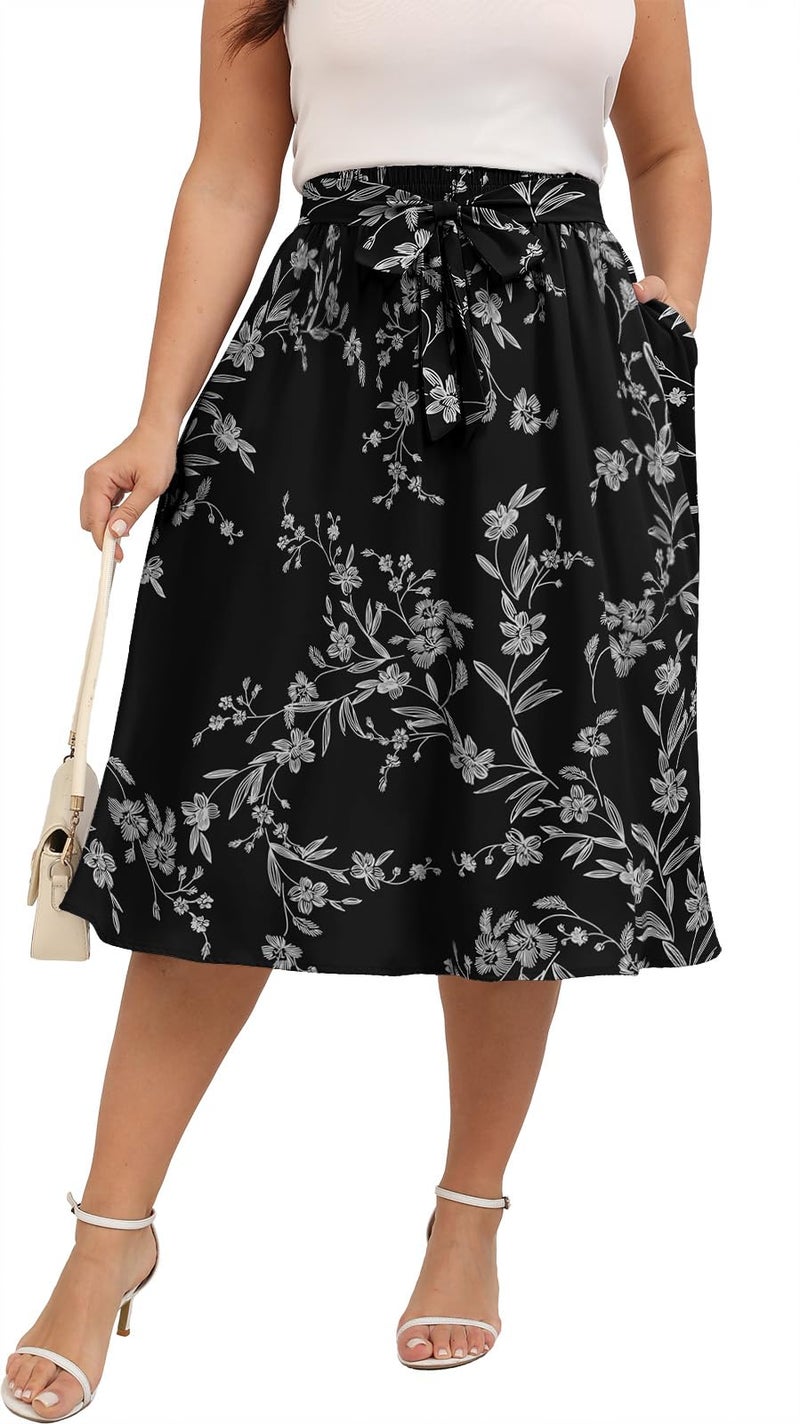 Xpenyo Womens Skirts 2024 Summer High Waisted Casual Work Plus Size Swing Skirts with Pockets,Black Flower,3XL - Image 1