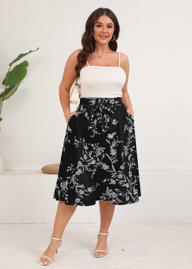 Xpenyo Womens Skirts 2024 Summer High Waisted Casual Work Plus Size Swing Skirts with Pockets,Black Flower,3XL - Image 3
