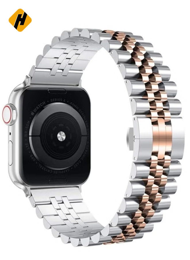 HuHa Replacement Band Compatible with Apple Watch 45mm / 44mm / 42mm, Stainless Steel Solid Strap Metal Bracelet for Apple Watch Series 7 6 5 4 3 2 SE (Silver + Rose Gold)  - Image 5