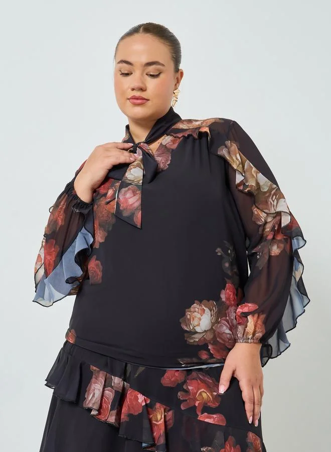 Styli Plus Size Floral Print Ruffle Blouse