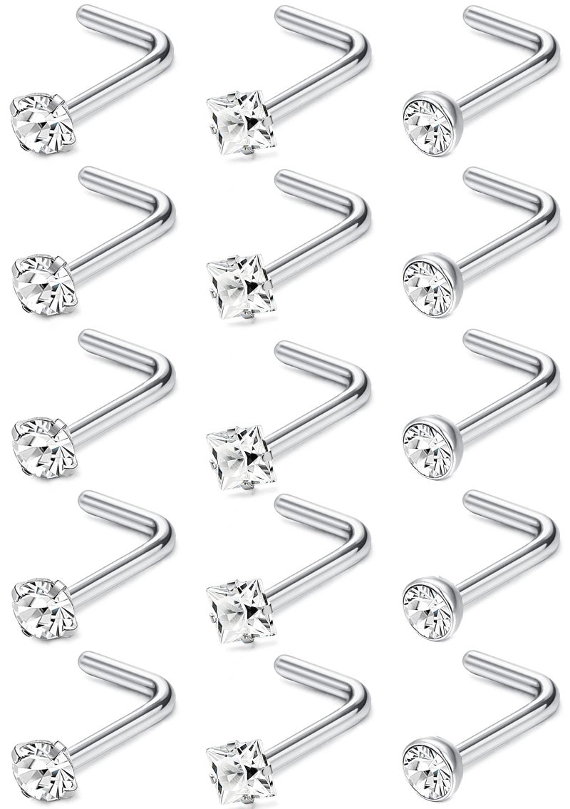 MILACOLATO Nose Rings, 15Pcs 20G Hypoallergenic Surgical Stainless Steel L Shaped Studs Cubic Zirconia Nose Ring Studs for Women Men - Image 1