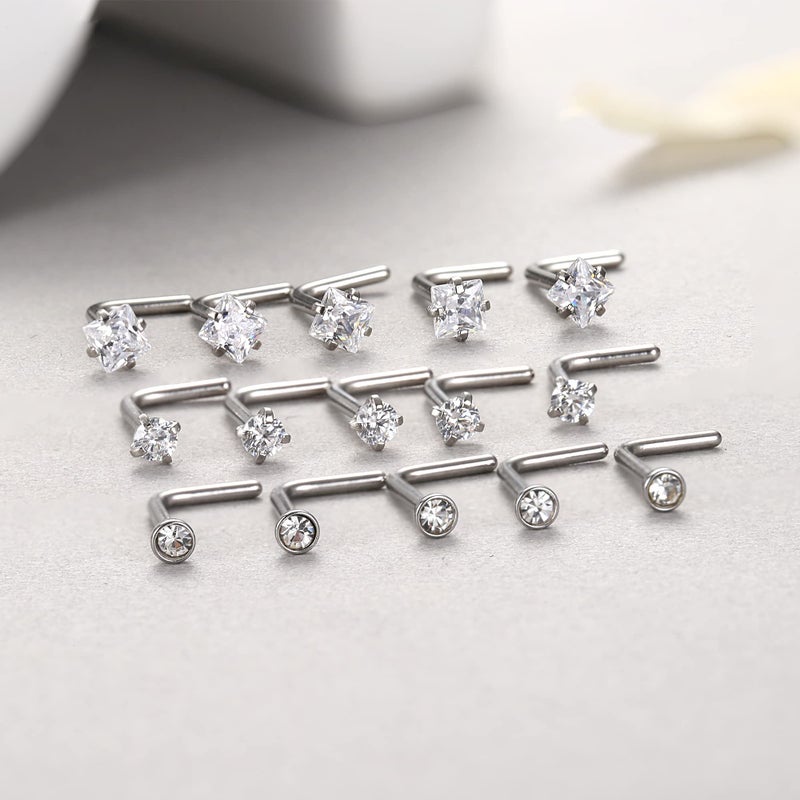 MILACOLATO Nose Rings, 15Pcs 20G Hypoallergenic Surgical Stainless Steel L Shaped Studs Cubic Zirconia Nose Ring Studs for Women Men - Image 5