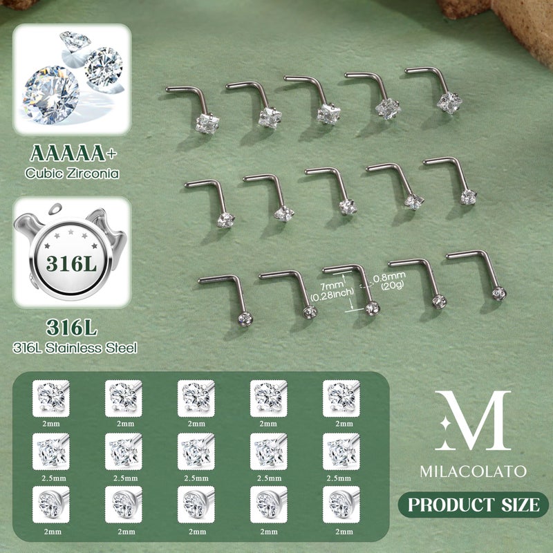 MILACOLATO Nose Rings, 15Pcs 20G Hypoallergenic Surgical Stainless Steel L Shaped Studs Cubic Zirconia Nose Ring Studs for Women Men - Image 4