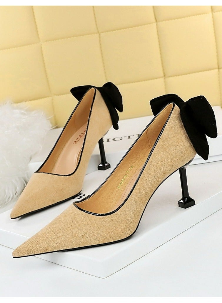 BIGTREE Women's Elegant Velour Stiletto Pumps With Bow Knot 8 CM Fashion Gorgeous Closed Pointed Toe Slip On Solid High Heels Khaki