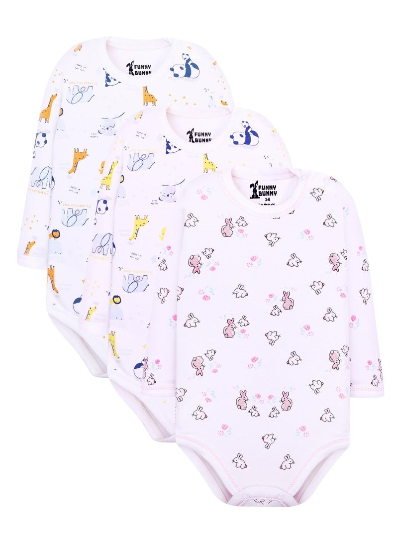 Funny Bunny Pack of 3 Long Sleeve White Printed Colors Bodysuit for Baby Girl - Image 1