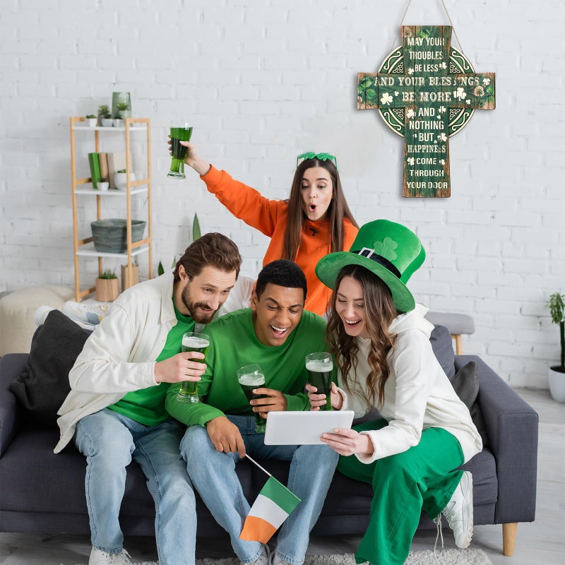 Anglechic St Patricks Day Door Decorations Green Cross Welcome Door Sign Wooden Sign with Irish Blessing Hanging Decoration Clover Home Wall Decor Irish Gifts for Front Door and Wall - Image 5