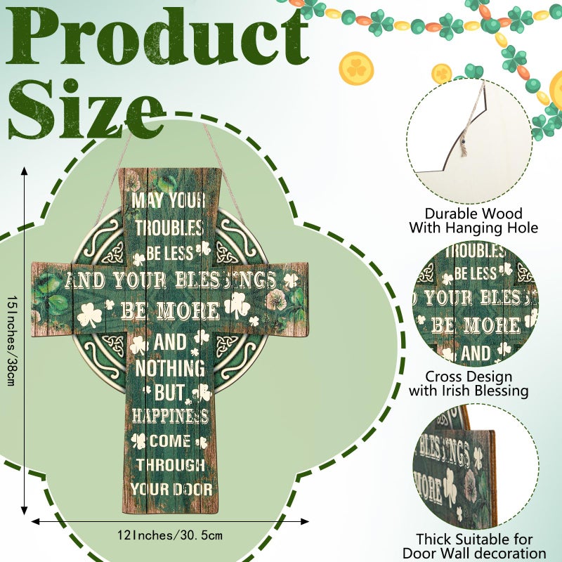 Anglechic St Patricks Day Door Decorations Green Cross Welcome Door Sign Wooden Sign with Irish Blessing Hanging Decoration Clover Home Wall Decor Irish Gifts for Front Door and Wall - Image 2