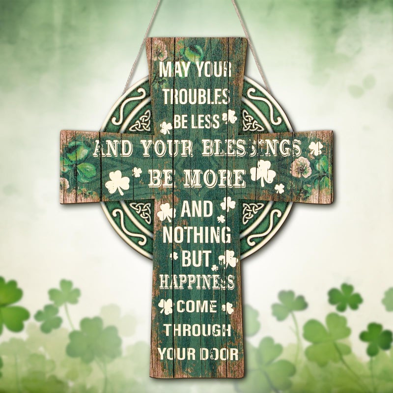 Anglechic St Patricks Day Door Decorations Green Cross Welcome Door Sign Wooden Sign with Irish Blessing Hanging Decoration Clover Home Wall Decor Irish Gifts for Front Door and Wall - Image 1