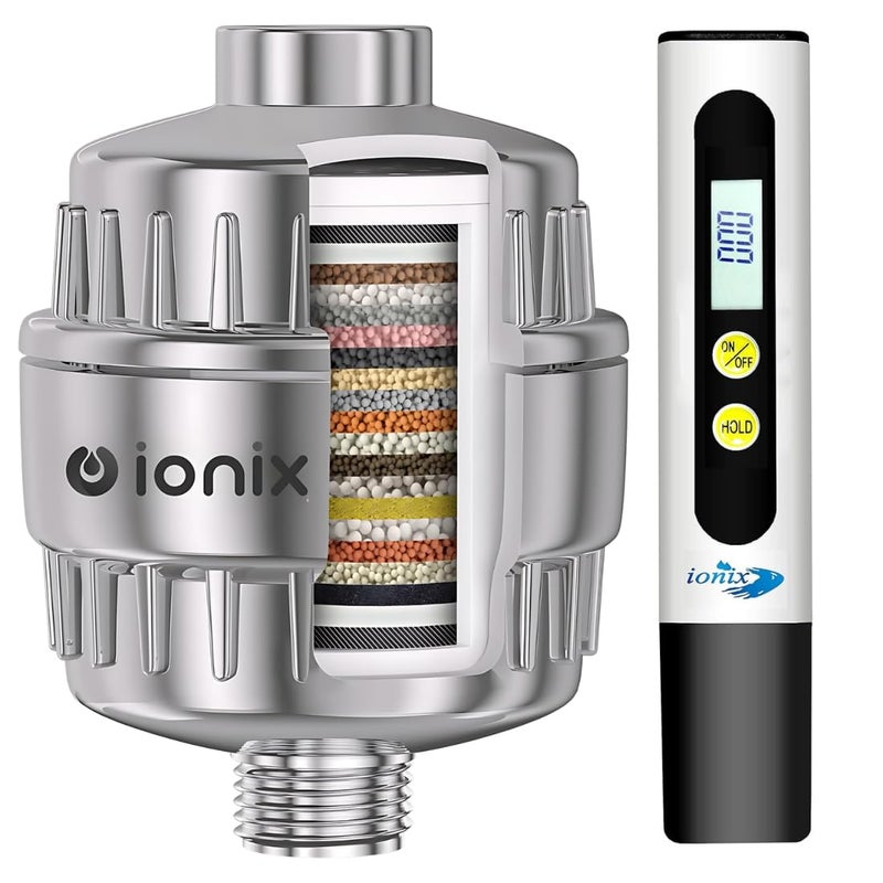 IONIX 15-Stage Shower Filter for Hard Water with TDS Meter – High Output Shower Head Filter Removes Chlorine & Heavy Metals – Water Softener for Dry Skin & Hair – Includes Digital TDS Water Tester KiT - Image 1