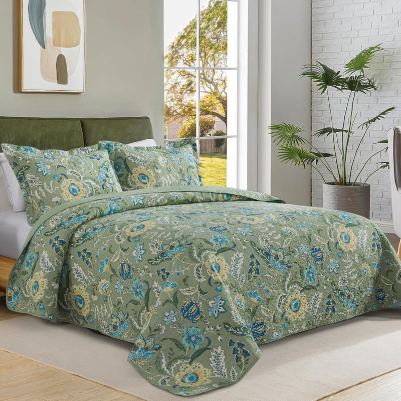 BEDIFANY Farmhouse King Quilt Bedding Set - Cotton Lightweight Bedspread with Floral Pattern, 98x106 Inch All Season Coverlet Set, 3 Piece (Quilt + 2 Pillow Shams) - Image 2