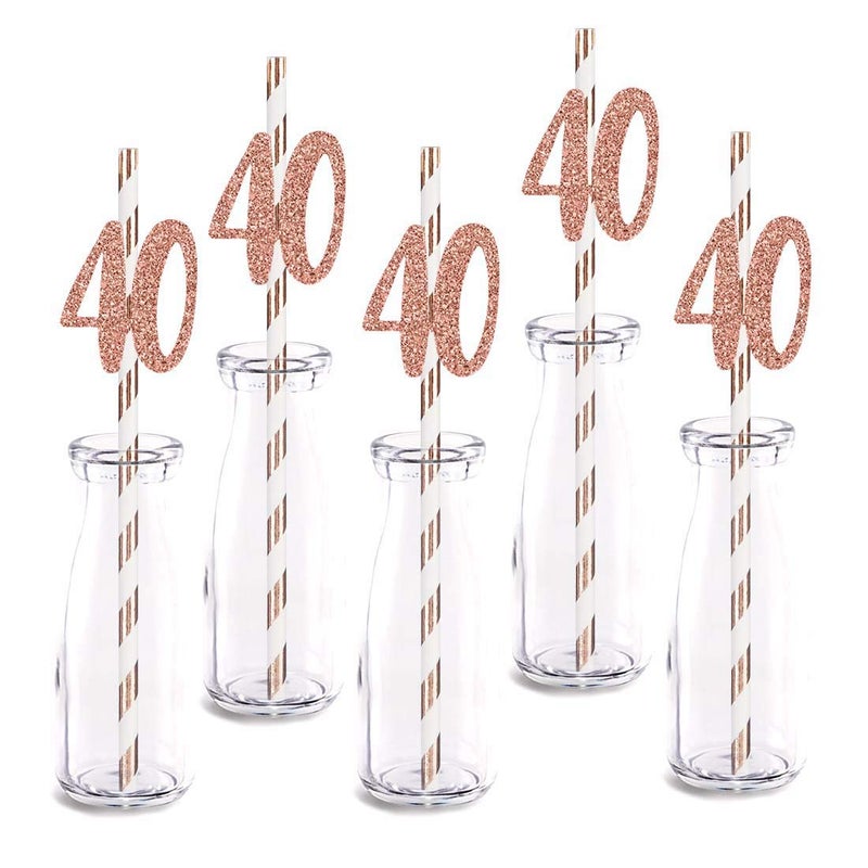 MAGJUCHE Rose Happy 40th Birthday Straw Decor  Rose Gold Glitter 24pcs Cut-Out Number 40 Party Drinking Decorative Straws  Supplies - Image 1