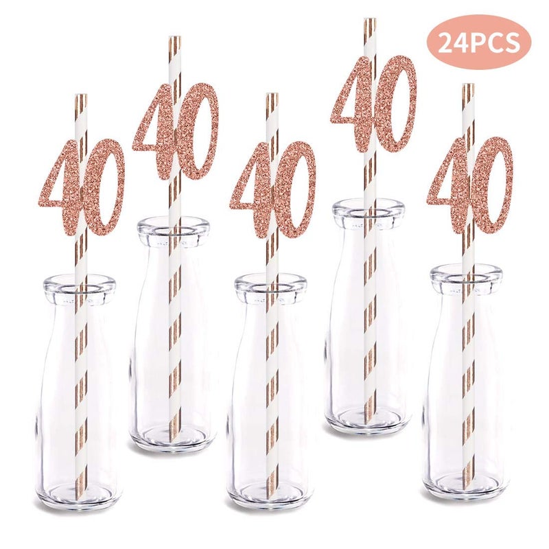 MAGJUCHE Rose Happy 40th Birthday Straw Decor  Rose Gold Glitter 24pcs Cut-Out Number 40 Party Drinking Decorative Straws  Supplies - Image 2