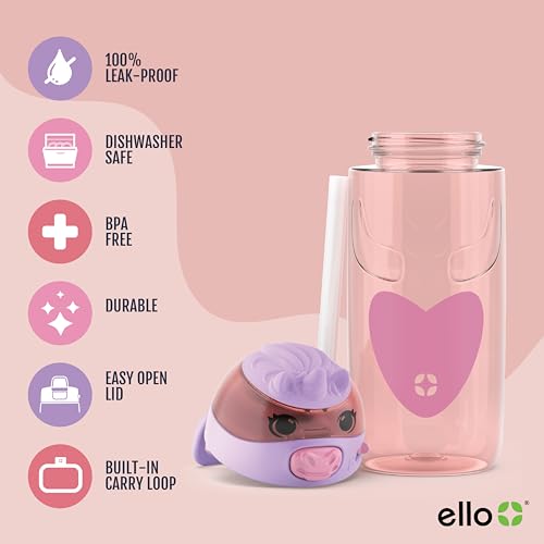 Ello Ellies 16oz Plastic Kids Water Bottle with Straw and Built-in Carrying Handle and Leak-Proof Locking Lid for School backpack, Lunchbox and Outdoor Sports, Unicorn - Image 3