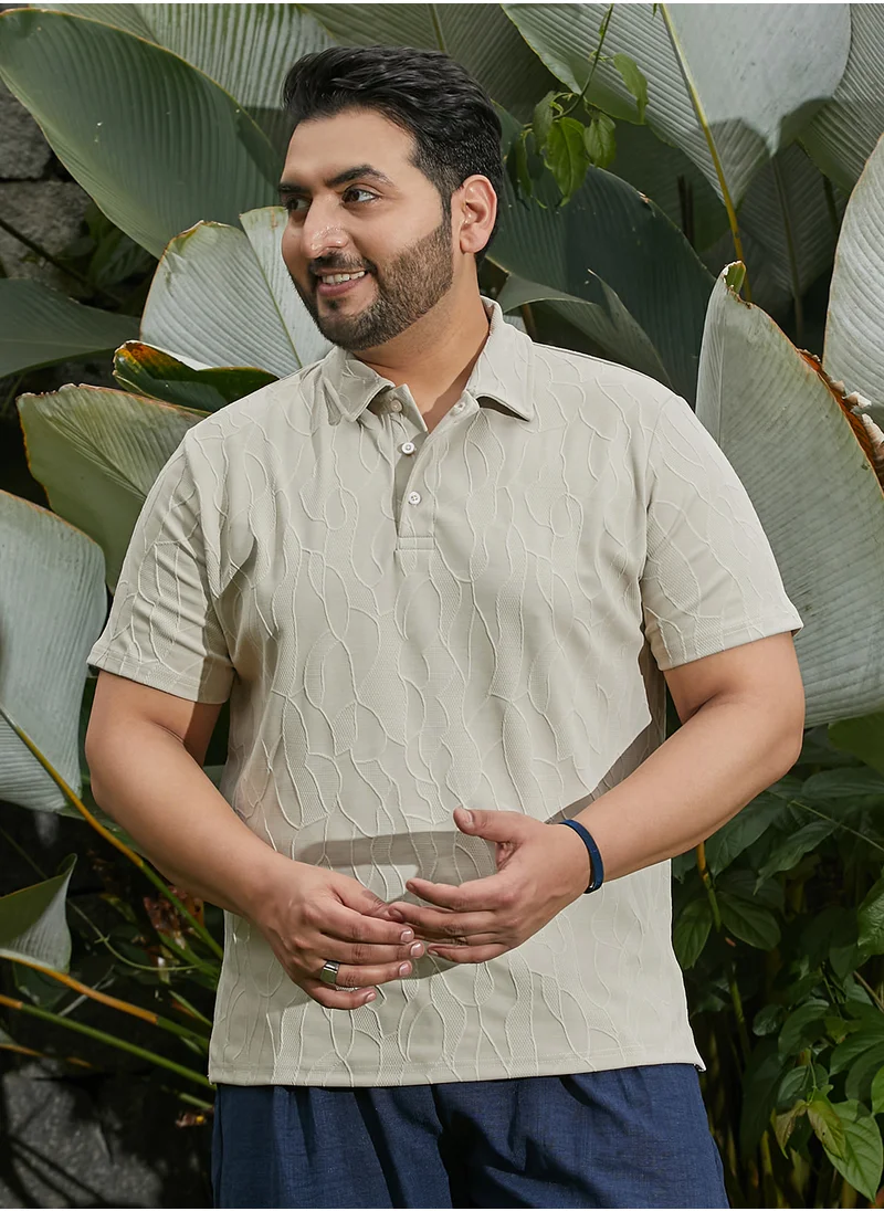 انستافاب بلس Instafab Plus Men's Cream White Veined-Tactile Polo T-Shirt For Casual Wear | Polo Neck | Short Regular Sleeves | Half-Button Closure | Plus Size T-Shirt Crafted With Comfort Fit For Everyday Wear