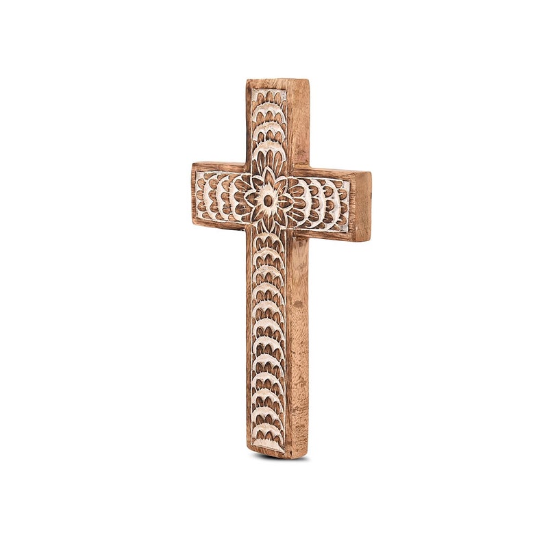EDHAS Mango Wood White Cross Carved Floral-Design Family Cross Decor,Home Decoration (10" x 6" x 0.5") - Image 3