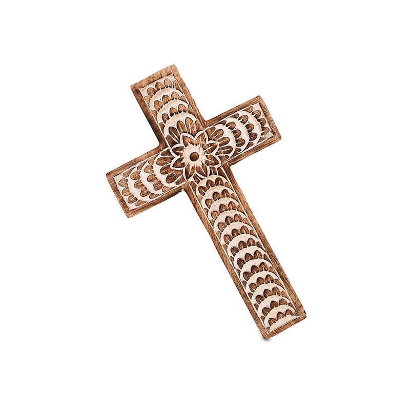 EDHAS Mango Wood White Cross Carved Floral-Design Family Cross Decor,Home Decoration (10" x 6" x 0.5") - Image 2