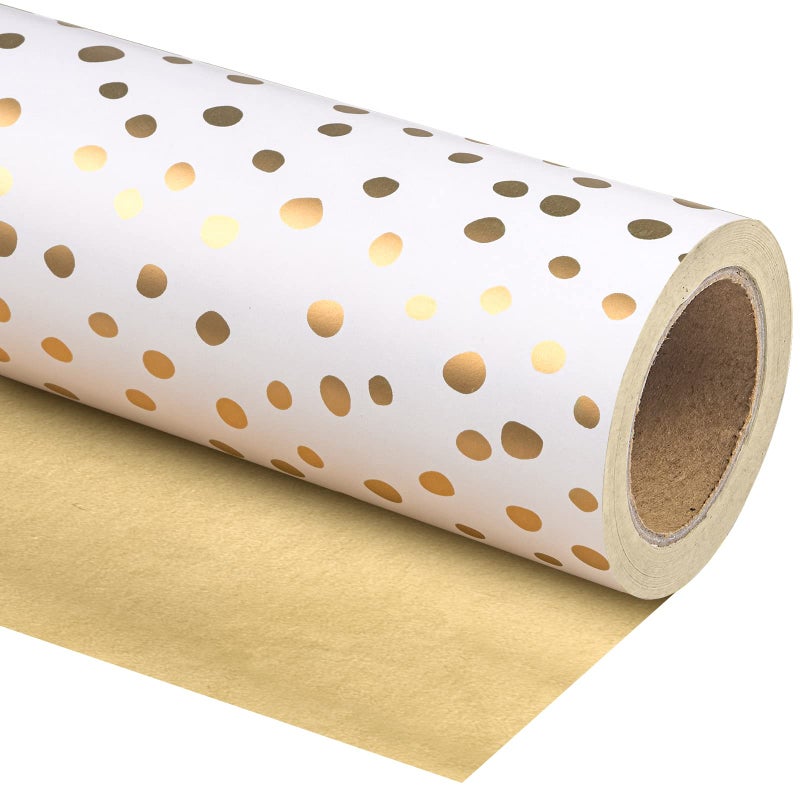 WRAPAHOLIC Reversible Wrapping Paper - Mini Roll - 17 Inch X 33 Feet - Gold Print and Delicate Polka Dots Design for Birthday, Christmas, Wedding, Baby Shower - Image 1