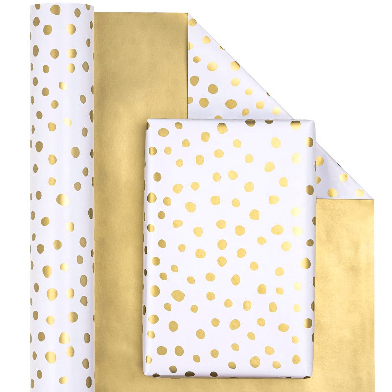 WRAPAHOLIC Reversible Wrapping Paper - Mini Roll - 17 Inch X 33 Feet - Gold Print and Delicate Polka Dots Design for Birthday, Christmas, Wedding, Baby Shower - Image 2